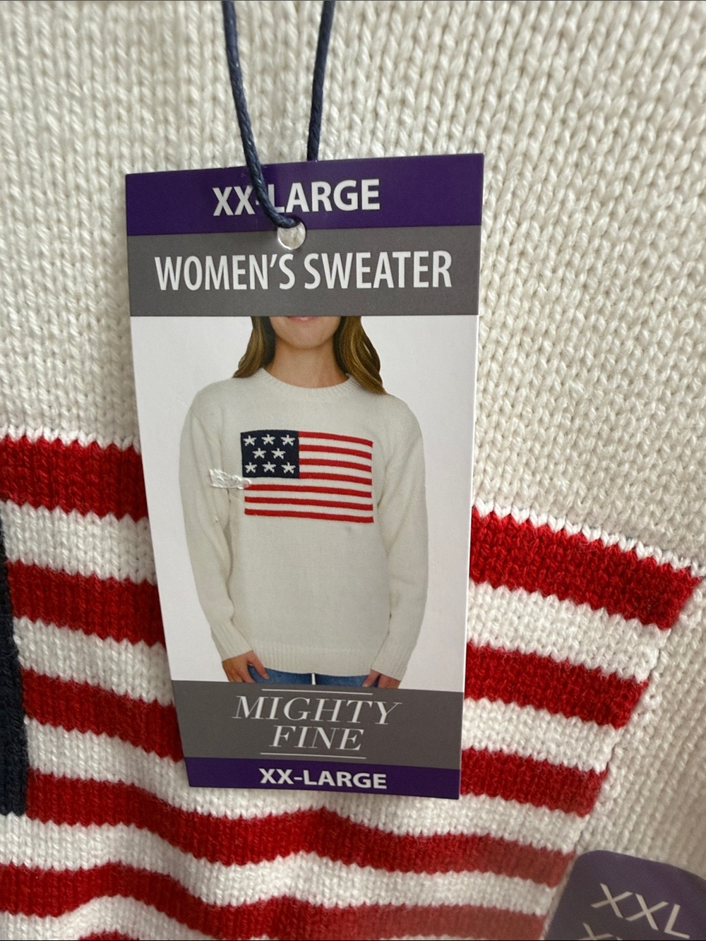 Mighty Fine White Crewneck Sweater with American Flag Patch 4th of July - Picture 4 of 7